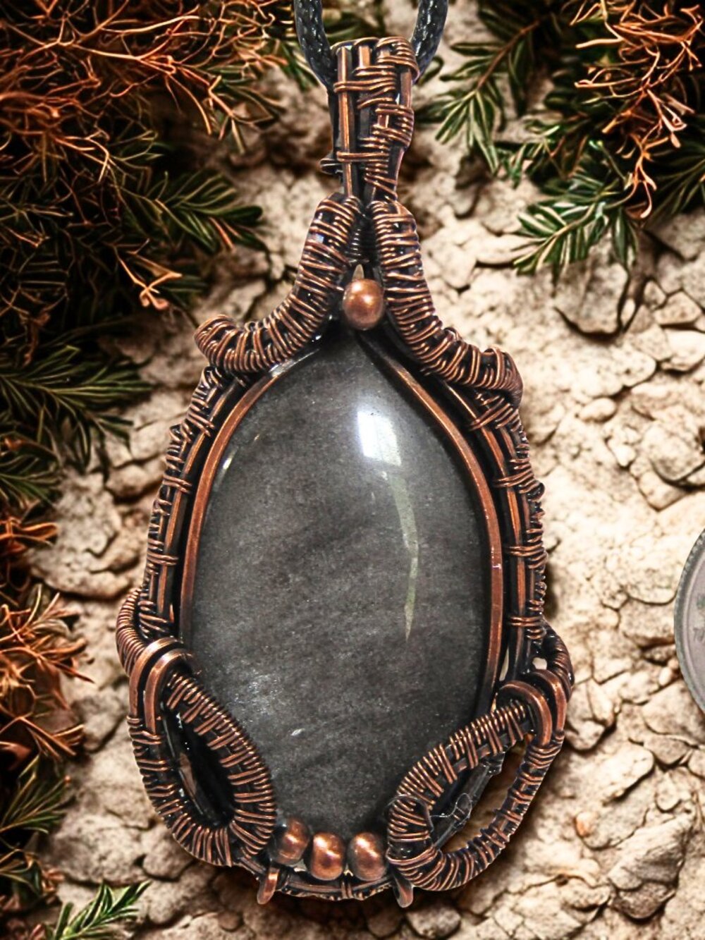 Handmade Wire Wrapped Silver Sheen Obsidian Crystal Necklace Copper Wire